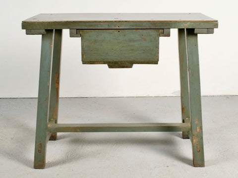 Antique trestle leg jewler’s work table with drawer
