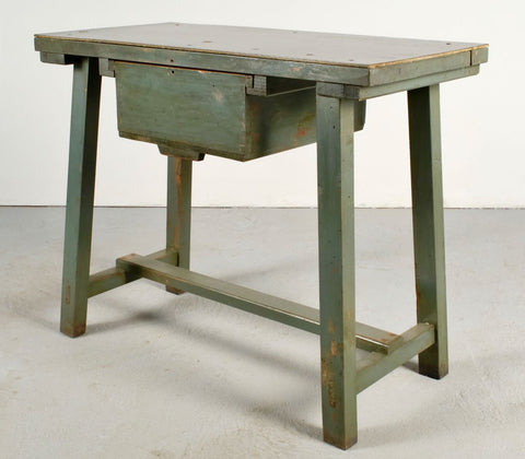 Antique trestle leg jewler’s work table with drawer