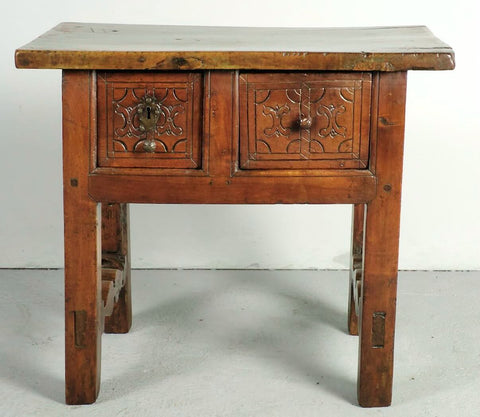 Antique tapered leg two drawer accent table with secret compartment, walnut