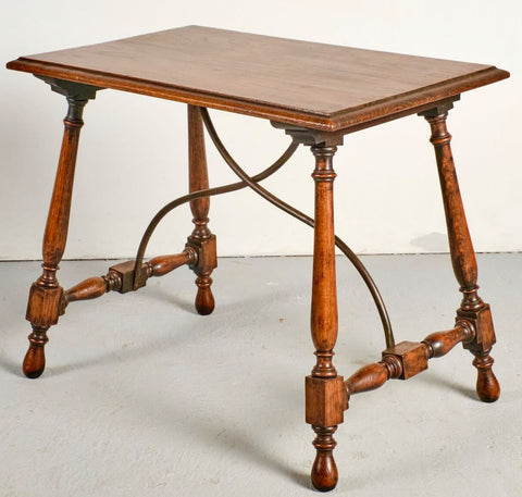 Antique turned leg chestnut accent table with iron stretchers