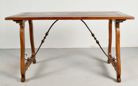 Antique lyre leg vargueño table with iron stretchers, walnut