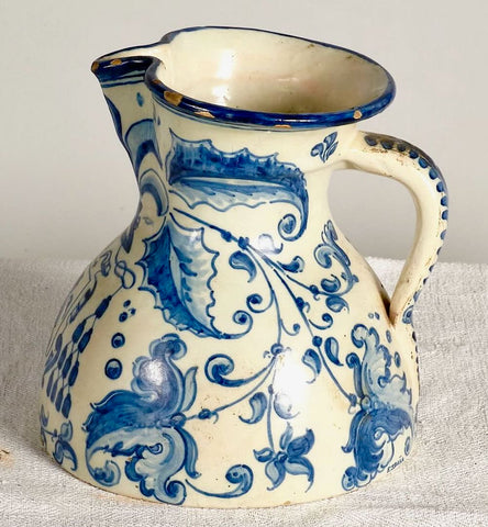Antique blue and white Talavera water / wine pitcher