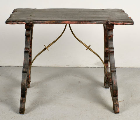 Small antique painted lyre leg table with iron stretchers