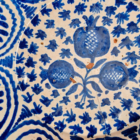 Antique blue and white Fajalauza bowl with 3 pomegranates
