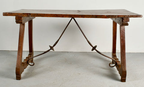 Antique lyre leg writing table with iron stretchers, walnut