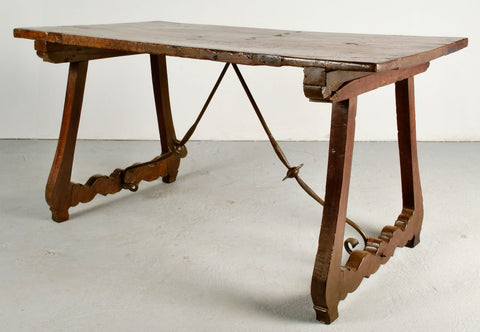 Antique lyre leg writing table with iron stretchers, walnut