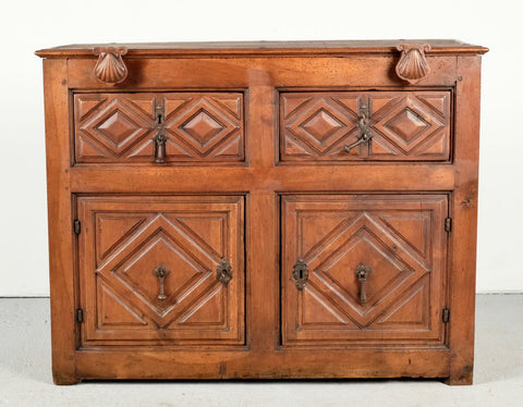 Antique two door, two drawer credenza with scallop shells of St. James, walnut