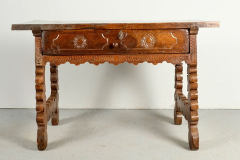 Antique single drawer scalloped skirt lyre leg table, walnut