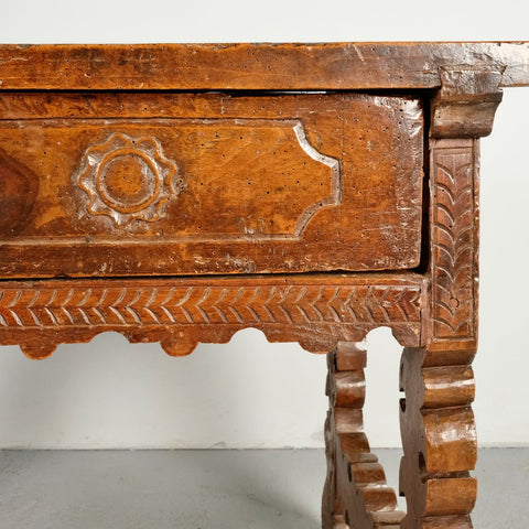 Antique single drawer scalloped skirt lyre leg table, walnut