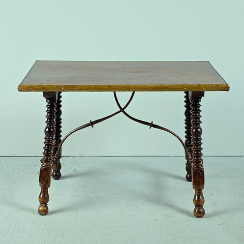 Antique turned leg accent table with iron stretchers