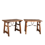 Antique trestle leg accent table with iron stretchers, walnut