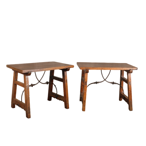 Antique trestle leg accent table with iron stretchers, walnut