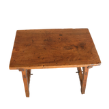 Antique trestle leg accent table with iron stretchers, walnut