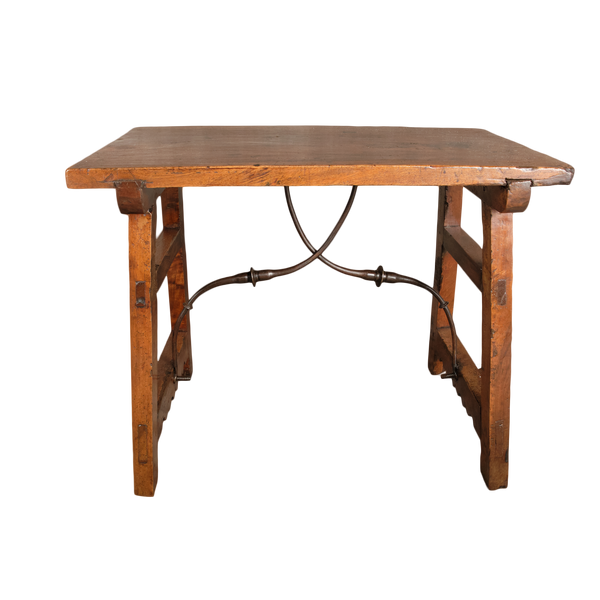 Antique trestle leg accent table with iron stretchers, walnut