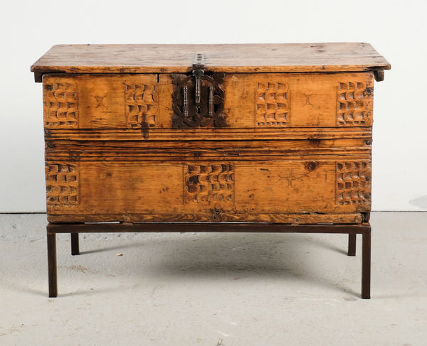Antique carved Pyrenees village chest on stand, pine