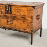 Antique carved Pyrenees village chest on stand, pine