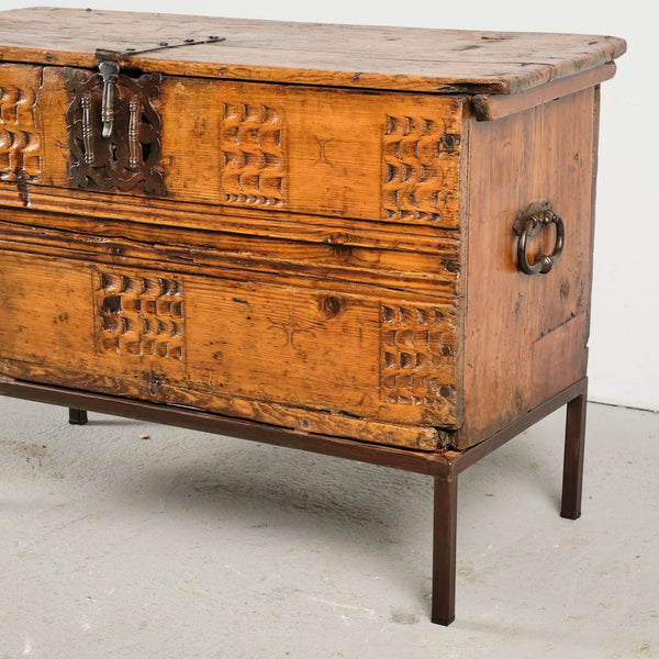 Antique carved Pyrenees village chest on stand, pine