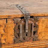 Antique carved Pyrenees village chest on stand, pine