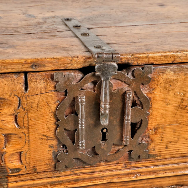 Antique carved Pyrenees village chest on stand, pine