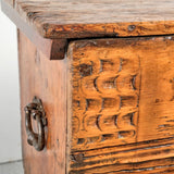 Antique carved Pyrenees village chest on stand, pine
