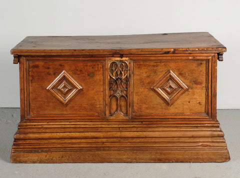 Antique carved French Basque dowry chest with fleur de lis design, chestnut