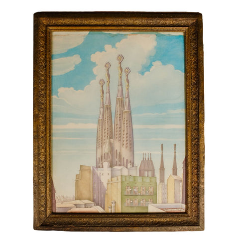 Framed antique hand painted lithograph of the “Sagrada Familia”
