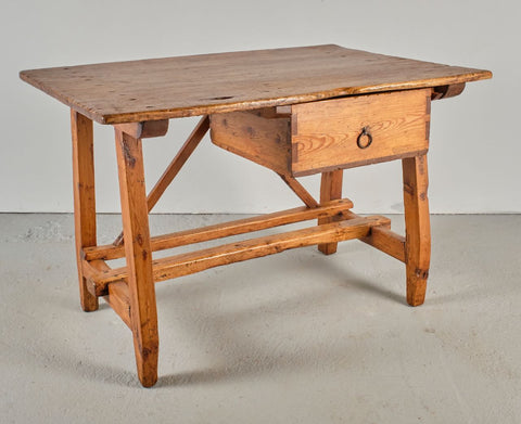 Low antique Pyrenees work table with drawer, pine