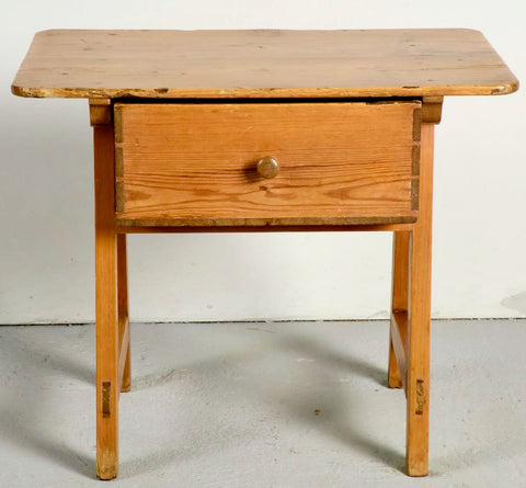 Antique trestle leg accent table with drawer, pine