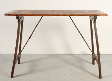 Antique trestle leg kitchen table with iron stretchers, chestnut