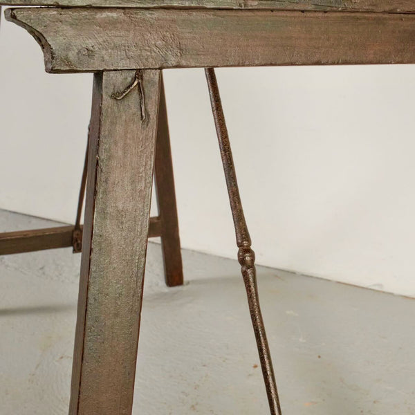 Antique trestle leg vargueño table with iron stretchers