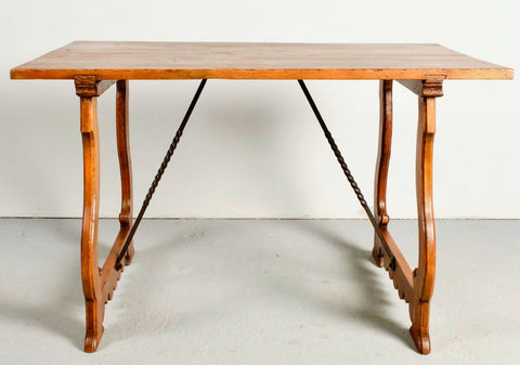 Antique trestle leg wheat threshing sled accent table with clavos, pine