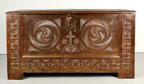 Antique four-drawer carved chest, chestnut and walnut