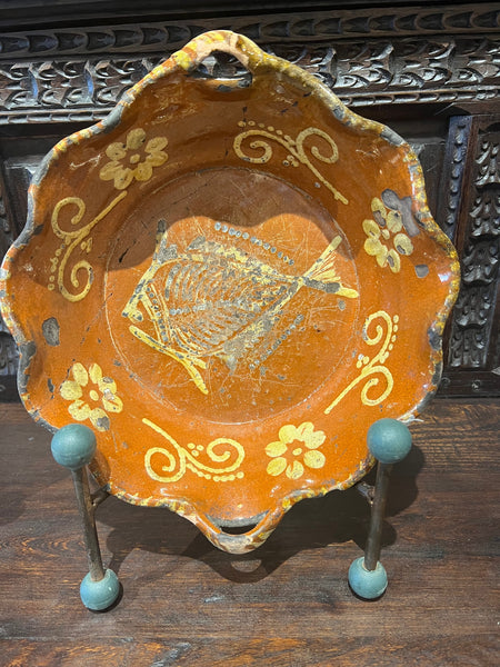 Antique scalloped edge red iron oxide Barcelos platter with painted fish
