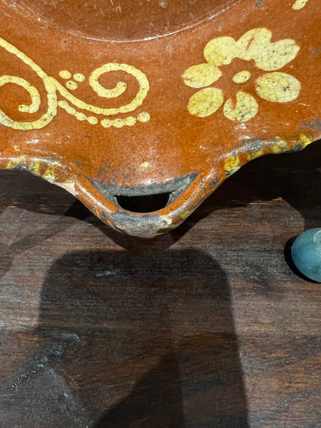 Antique scalloped edge red iron oxide Barcelos platter with painted fish