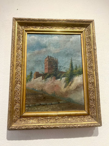 Antique oil painting on linen, "The Alhambra"
