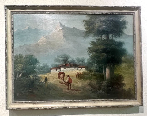 Framed antique oil on linen painting of the Andes