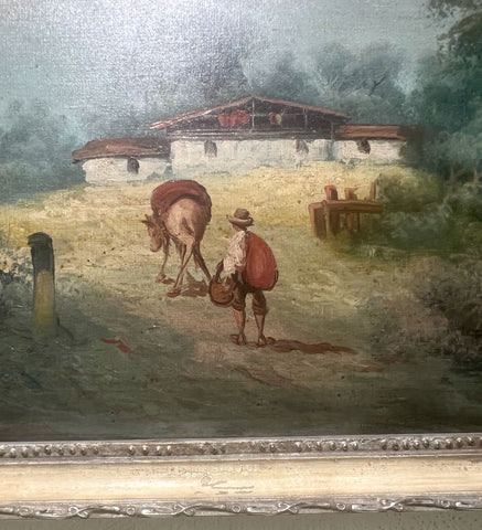 Framed antique oil on linen painting of the Andes