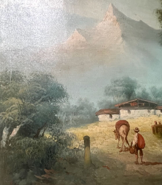 Framed antique oil on linen painting of the Andes