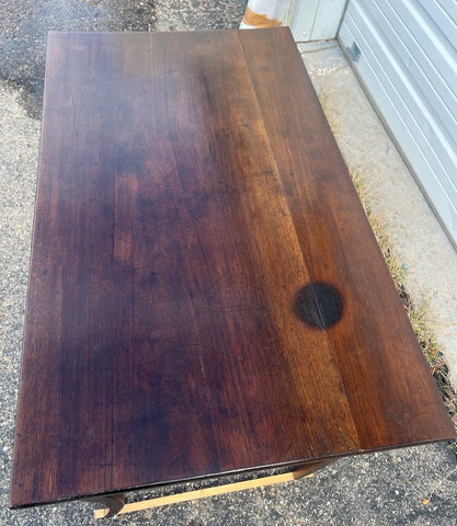 Antique two-drawer cabriole leg writing table, walnut and oak