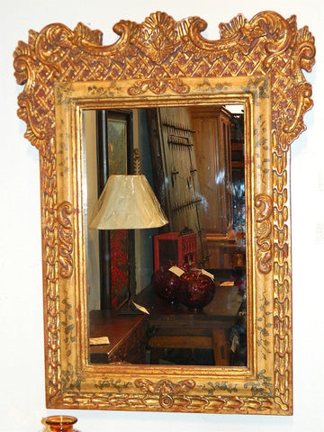 Reproduction polychromed and gilt Spanish colonial mirror frame with carved cross-hatching, cachimbo hardwood