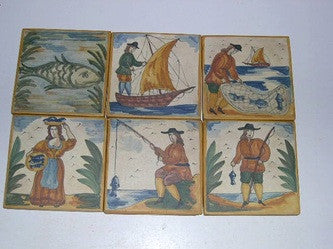Set of 6 Hand-Painted Catalonian Fishing Scene Tiles