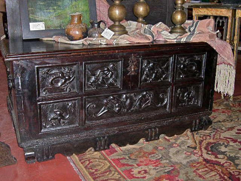 Antique carved scalloped skirt dowry chest, oak