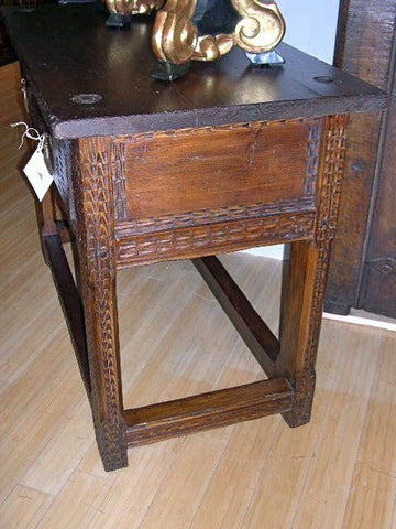 Carved two-drawer reproduction "Aragonese" table, reclaimed pine