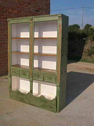 Antique four door painted pantry cabinet with chicken wire, pine