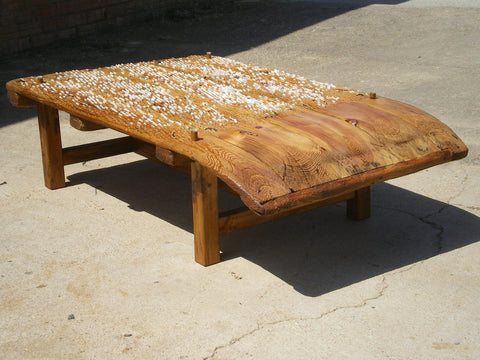 Antique pine wheat threshing sled coffee table with glass top