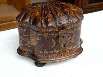 Carved "shell" bride's box, cedar inlaid with boxwood, walnut, and lemon wood