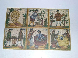 Set of six painted wine-making tiles