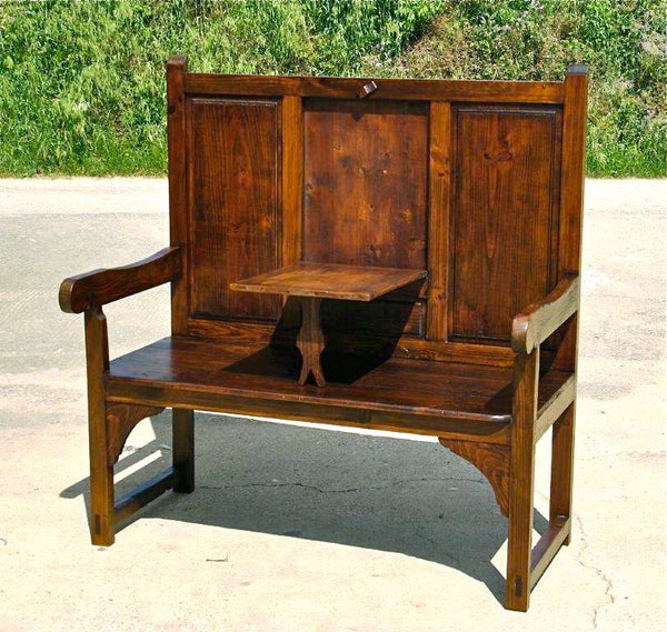 Antique high-back Pyrenees bench with drop-flap table, pine