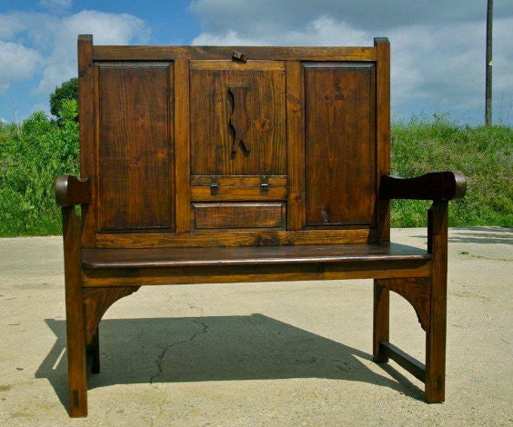 Antique high-back Pyrenees bench with drop-flap table from Spain