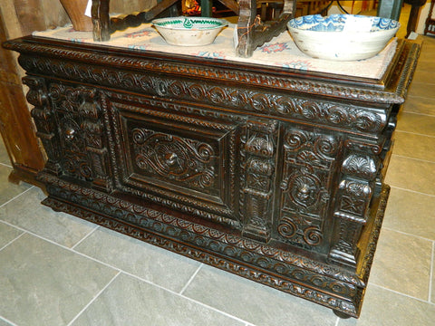 Antique carved six door, three drawer credenza, chestnut